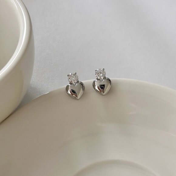 3/$35 Silver Tone Heart Stud Earrings CZ Rhinestone Accent Dainty Jewelry - Picture 6 of 6